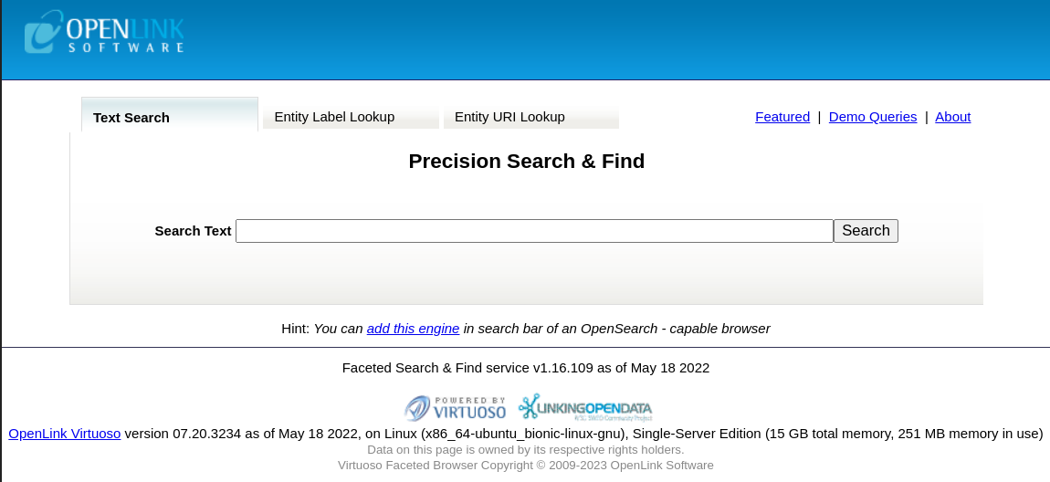 Figure 33: The home page in Facets with a free text search box.