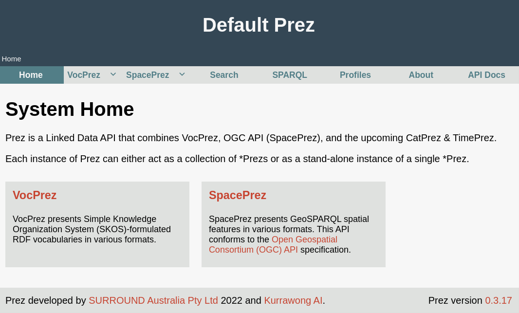 Figure 36: The default Prez welcome page.